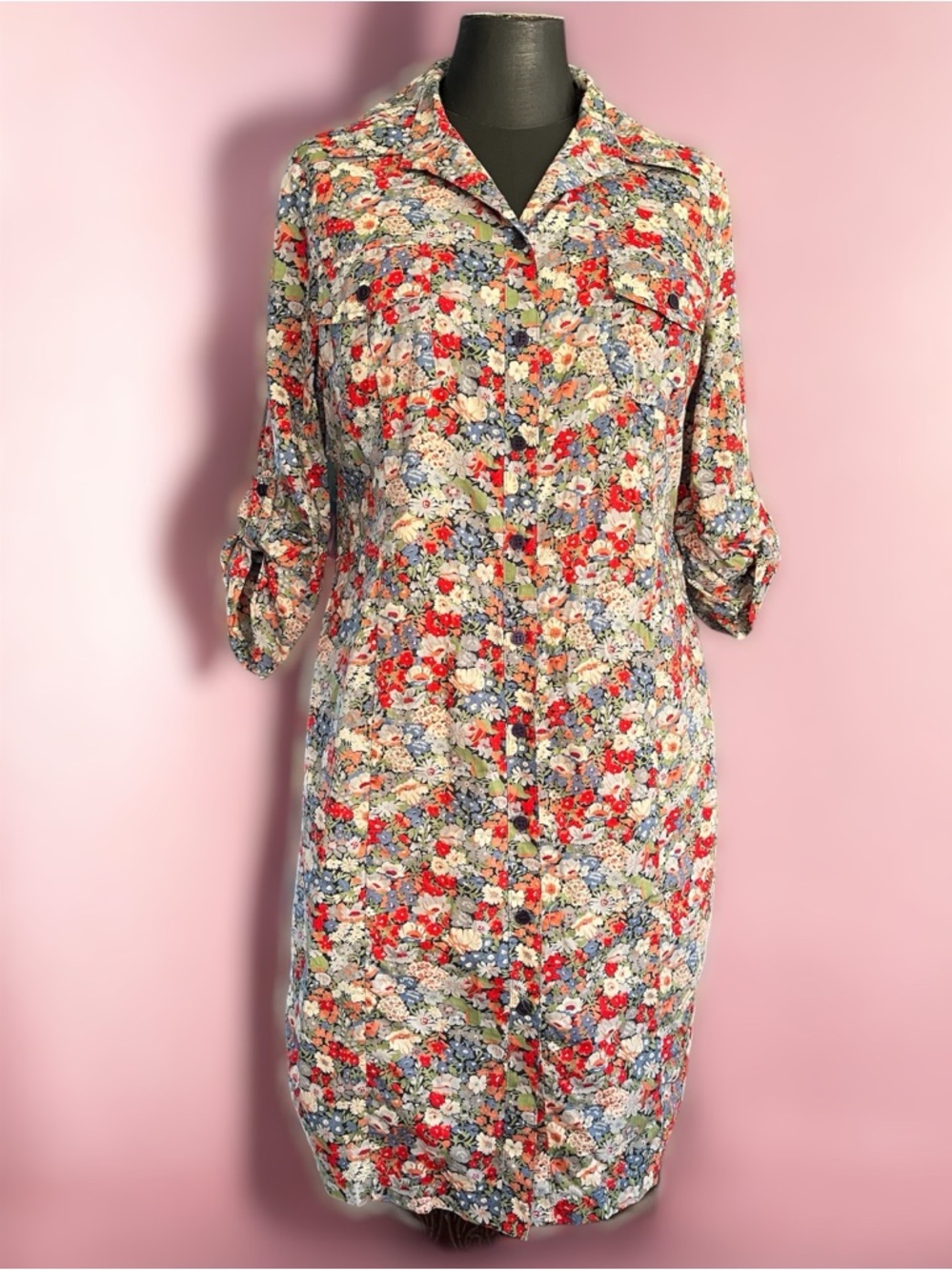 Liberty Art Fabrics Floral Pattern Button Collared Pockets Shirt Dress Tana Lawn
